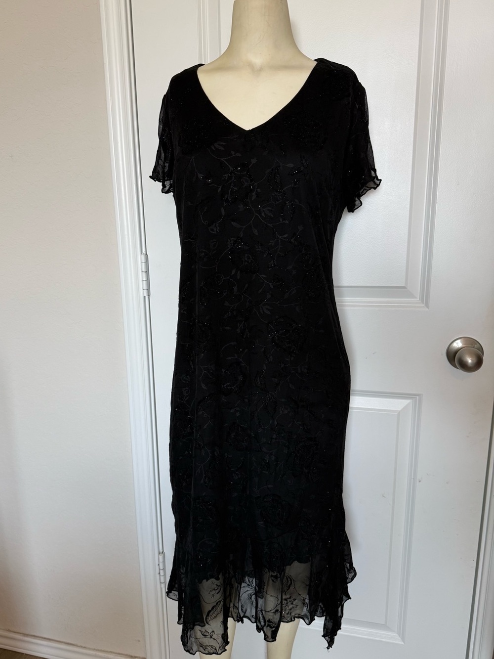 Vintage Black Glitter Floral Print Social Circles Formal Dress